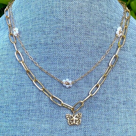 Two Urban Outfitters (OU) Gold Butterfly/White Pearl Flower Layer Necklaces NWT - Picture 9 of 9